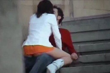 Naked blonde and guy fuck at the stairs in cool voyeur video
